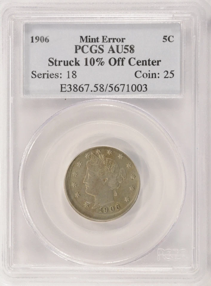 Liberty Nickel Struck 1906 5c 10 % descentrado graduación profesional AU58 Foto 3 de 4