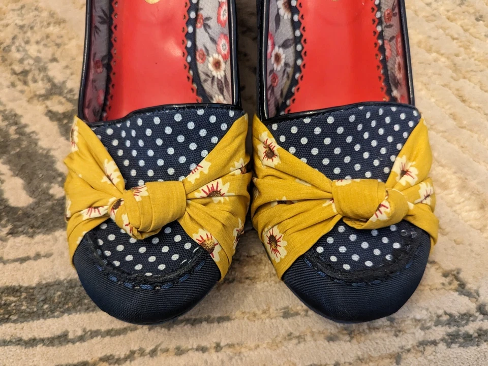 LICENCIA POÉTICA Azul Mostaza Lunares Arco Plataforma Cuña Tacones Zapatos Talla 8.5 Foto 4 de 4