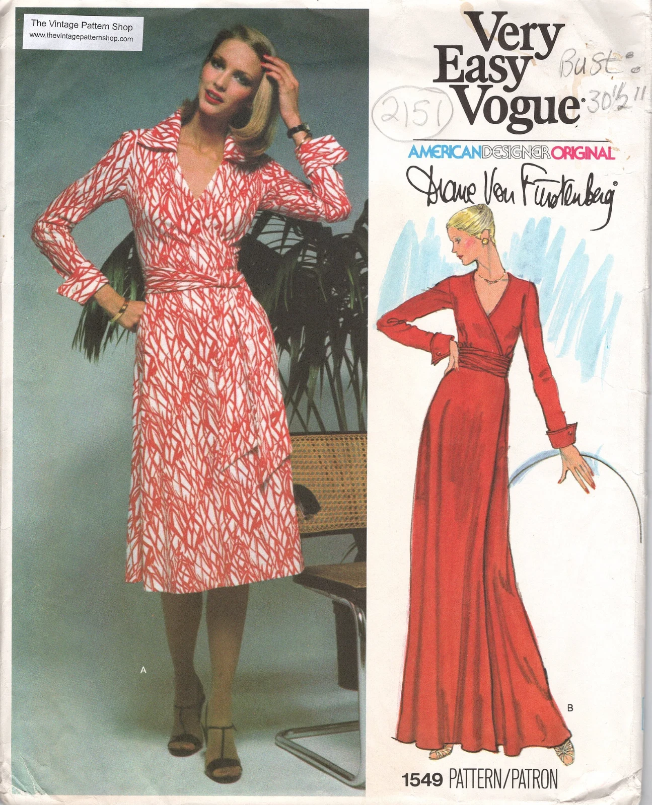 1976 Vintage VOGUE Sewing Pattern WRAP DRESS B30 1/2 (2151) Diane Von Furstenbeg