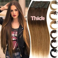 AAAA+ Clip In Double Weft 100% Remy Human Hair Extensions Full Head Thick Ombre