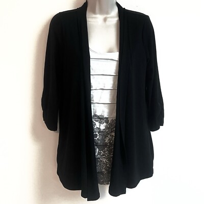 AB Studio 2 In 1 Cardigan Scoop Neck Blouse 3/4 Sleeve Black White Pullover M