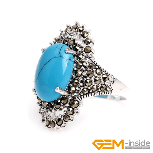 Natural Oval Gemstone Marquis Marcasite Beads Silver Jewelry Ring Size #6#8 Gift - Picture 3 of 55