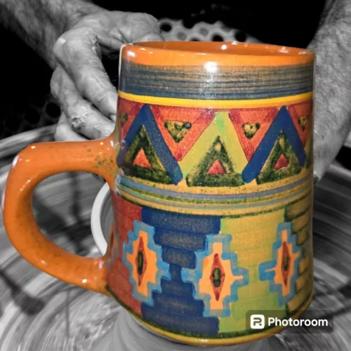 Art Pottery Mug Hand Made Painted Aztec Design Signed 18oz Preowned EUC