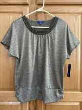 APT 9 Top Medium Petite Black Heather Beaded Liquid Knit Ruched Stretch Womens