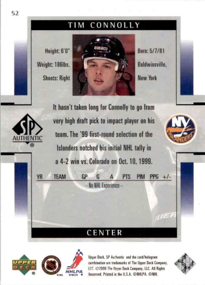 1999-00 Upper Deck SP Authentic Tim Connolly #52 - Image 2 of 2