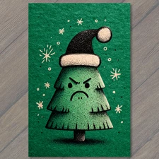 Art Print Grumpy Christmas Tree Santa Hat Green Background Funny Holiday Humor