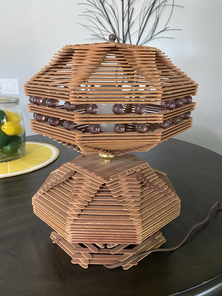 Vintage MCM Tramp Art Mid Century Folk Art Primitive Popsicle Stick Table Lamp - Image 4 of 4