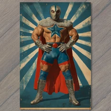 Art Print Masked Wrestler Blue Star Silver Gloves Red Cape Hero Stance Power Loo