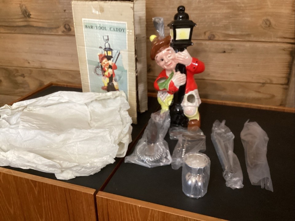 A vintage 'Drunk Scotsman' bar caddy set complete with box and utensils — hilarious retro kitsch that's surprisingly hard to find intact.