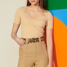 Sandro Safran Knit Top With Bustier Neckline In Sand Sweetheart Neck Pullover