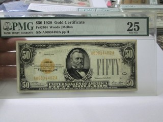 1928 $50 SMALL SIZE GOLD CERTIFICATE NOTE IN PMG VERY FINE 25 CONDITION