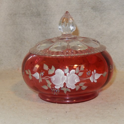 FENTON Hand Signed CRANBERRY Glass Jar Candy Dish Lidded 1515 N7 Limited Edition - Picture 4 of 10