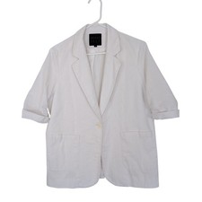 Mina Self White Cotton Linen Blend Ruched Sleeve Blazer Jacket Size Large Lined