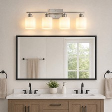 25 inch 4 Light Nickel Milk Glass LED Vanity Bathroom Mirror Wall Sconce Fixture