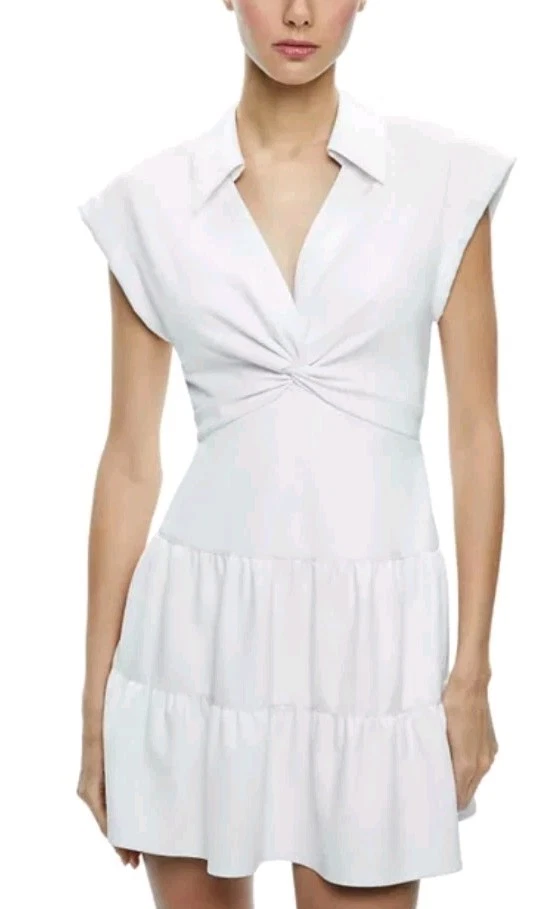 OFF WHITE Mini abito Alice e Olivia ecopelle attorcigliato davanti cappuccio manica bianco sporco taglia 8