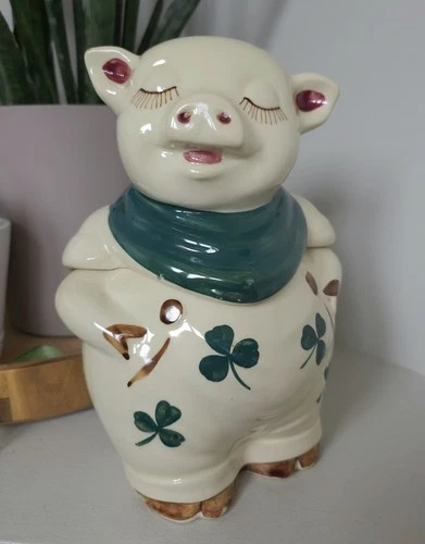 Vintage Shawnee USA Pottery Smiley The Pig Cookie Jar Green Bandanna  Shamrock
