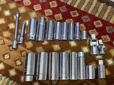 #ad Lot of 20 Powr Kraft 1 2quot; amp; 3 8quot; Dr 12 Pt Deep Well Sockets amp; Extensions $29.00