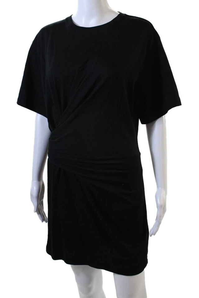 Vestido camisero negro con montura de manga corta laterales fruncidos talla extra pequeña para mujer Foto 2 de 4