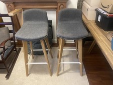 Two Bar Stools/ Breakfast Bar Grey Fabric & Hardwood Legs