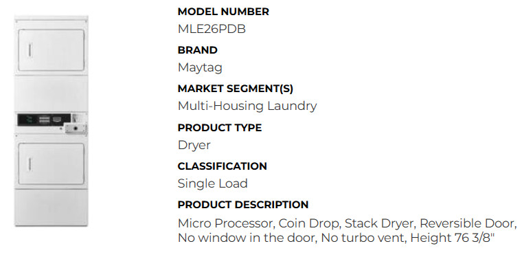 Maytag MLE26PDBYW Mtg Elec Stack D/D_Non-Turbo_Solid Door_Coin