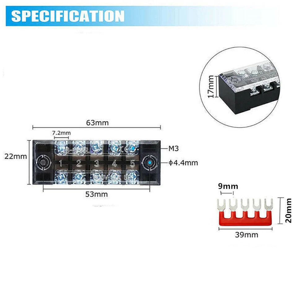600V 15A Dual Row 5 Position Screws Terminal Block Electric Barrier Strip 5Pack - Image 3 of 4