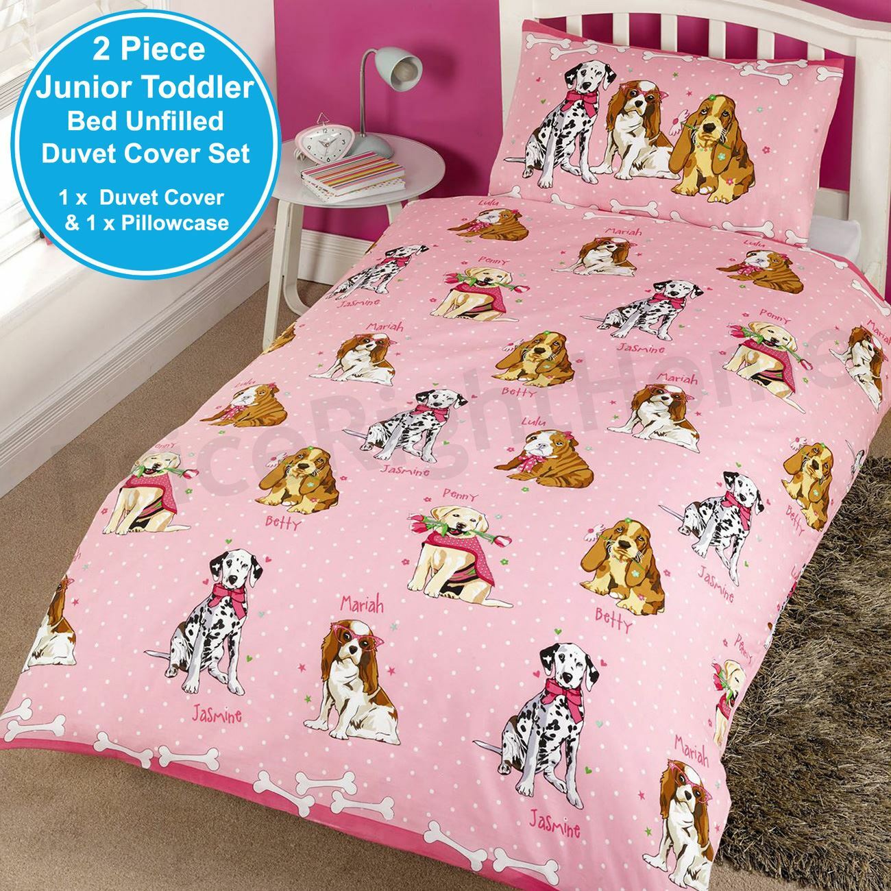 DOGGIES DOGS PINK JUNIOR TODDLER DUVET COVER & PILLOWCASE SET CHILDRENS