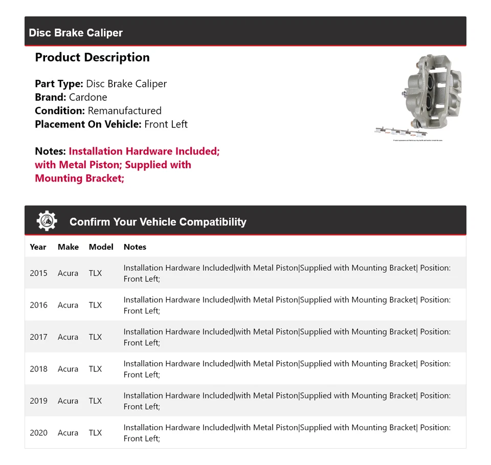Pinza de freno de disco delantera izquierda Cardone 2016 2017 2018 para Acura TLX 2015-2020 Foto 2 de 4