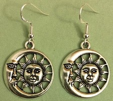 MOON and SUN FACE EARRINGS - Pewter with Sterling Silver Ear Wires or GP 
