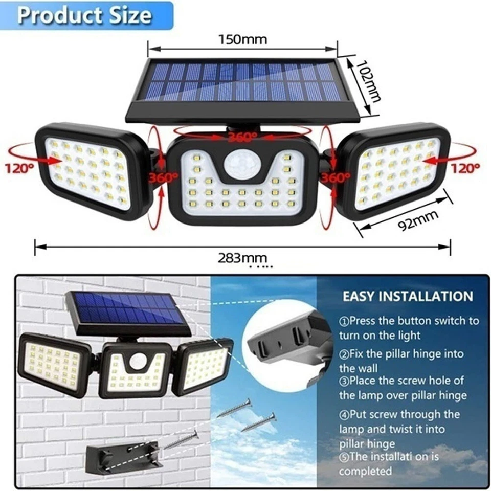 Solar Motion Sensor Wall Lamp Adjustable Flood Light Outdoor 74 LED Lights - Image 2 of 4
