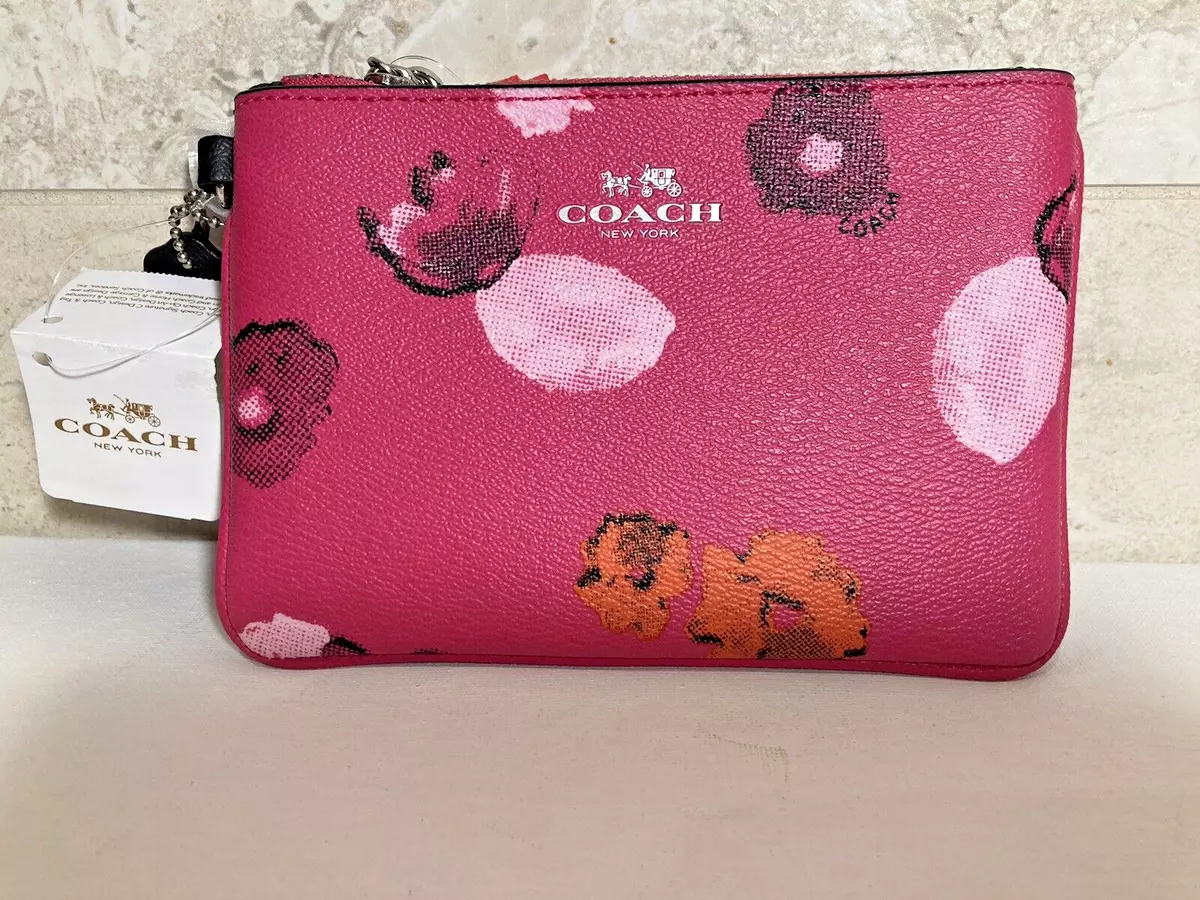 NWT COACH PINK MULTICOLOR FLORAL SIGNATURE CANVAS CORNER ZIP WRISTLET  #F53130