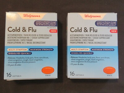 (2) Walgreens Cold & Flu Multi-Symptom Maximum Strength 16 Softgels Per Box @N
