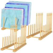 3Pack Stained Glass Organizer Bamboo Dish Plate Rack Wooden Dish Plate Stand ...