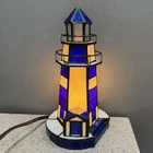 Vtg 90’s Tiffany Style Blue Stained Glass Lighthouse Lamp Nautical Americana EUC