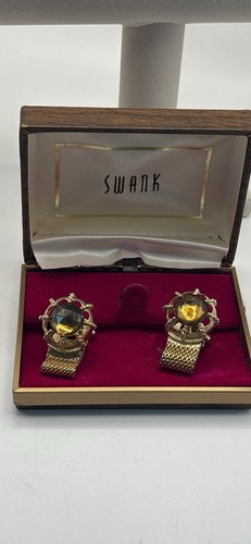Vintage NWB Swank Goldtone W/Topaz Art Glass Wraparound Cuff Links In Box
