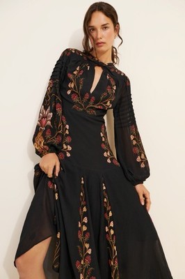 FARM RIO Black Berry Garden Long Sleeve Pleated Maxi Dress Sz Medium