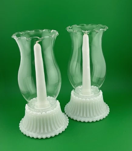 Vintage White Milk Glass Hobnail Candle Holder Scalloped Edge Glass Chimney 2 Pc
