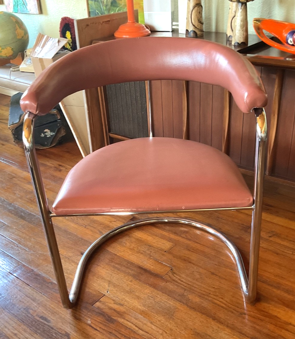 Thonet Chrome Pink Vinyl Dining Chair by Anton Lorenz Vtg mid
