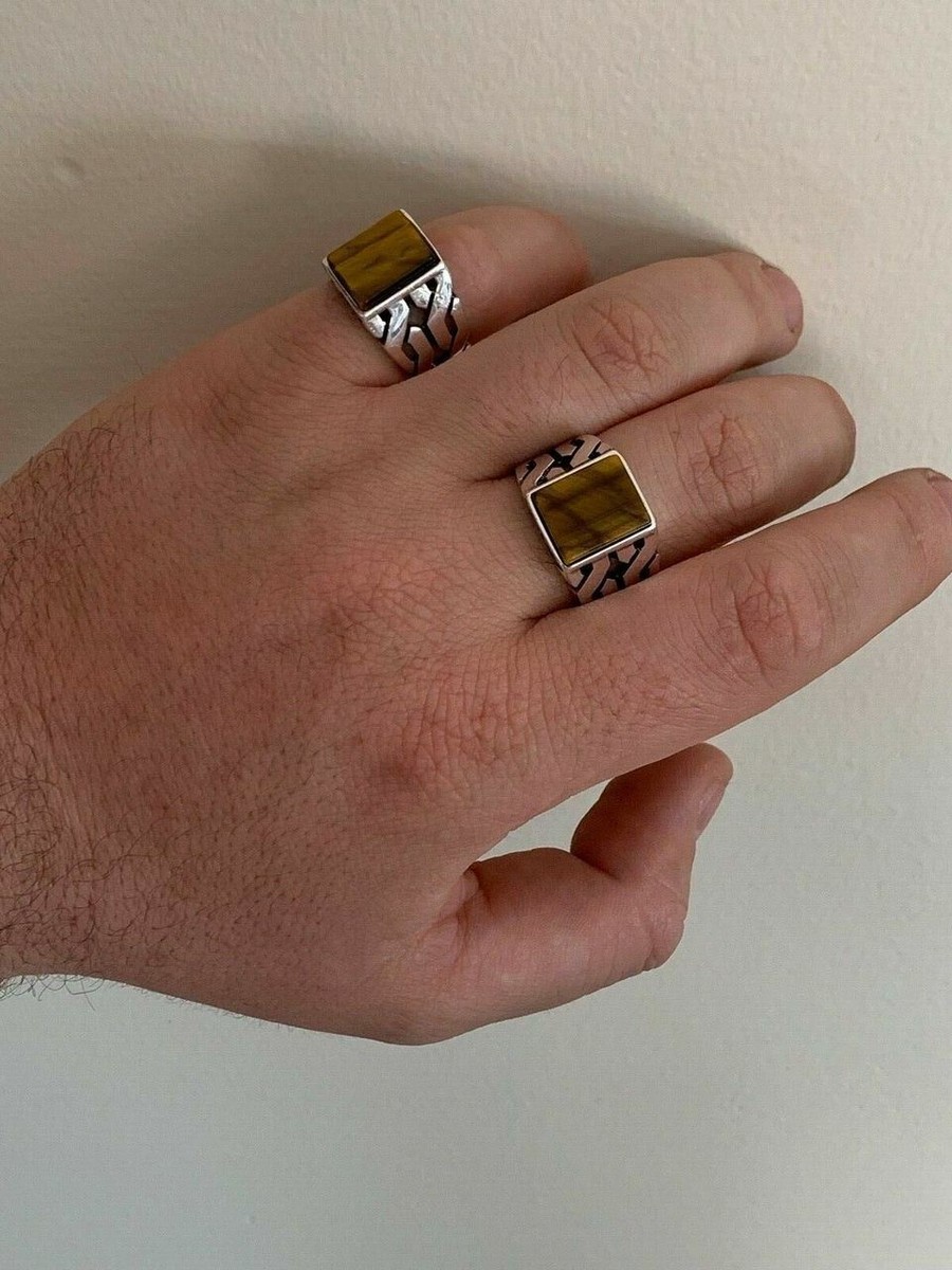Men Real Solid 925 Sterling Silver Tiger's Eye Ring Size 7