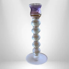 frosted bubble glass tapered candle stick holder purple gold etched signed
