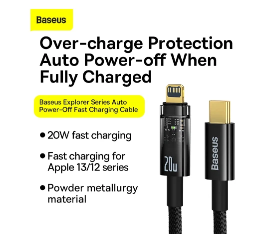 Baseus 20W USB Cable For iPhone 14 13 12 11 Pro Max Mini Auto Power-Off - Image 3 of 4