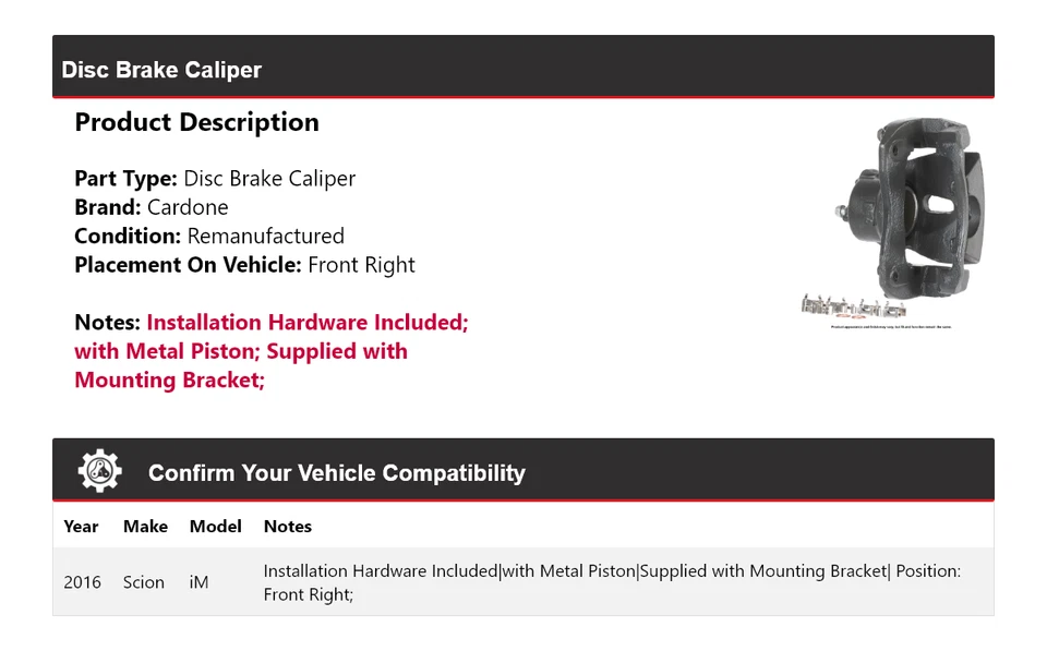 Pinza de freno de disco delantera derecha Cardone para Scion iM 2016 Foto 2 de 4
