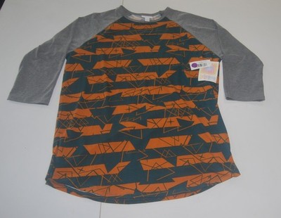 LuLaRoe Randy Shirt Women's Large Orange Black Geometric 3/4 Sleeve Jersey Wear