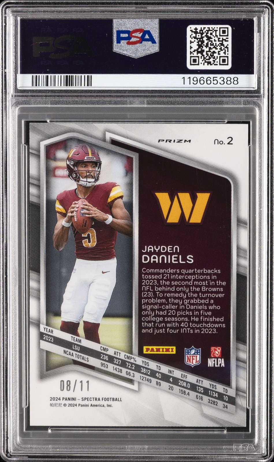 2024 PANINI SPECTRA WAVE #2 JAYDEN DANIELS ROOKIE RC 8/11 PSA 10 view 2