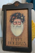 Holidays Santa Wall Art Black Brown Wooden Painted Distressed Cottagecore Rustic