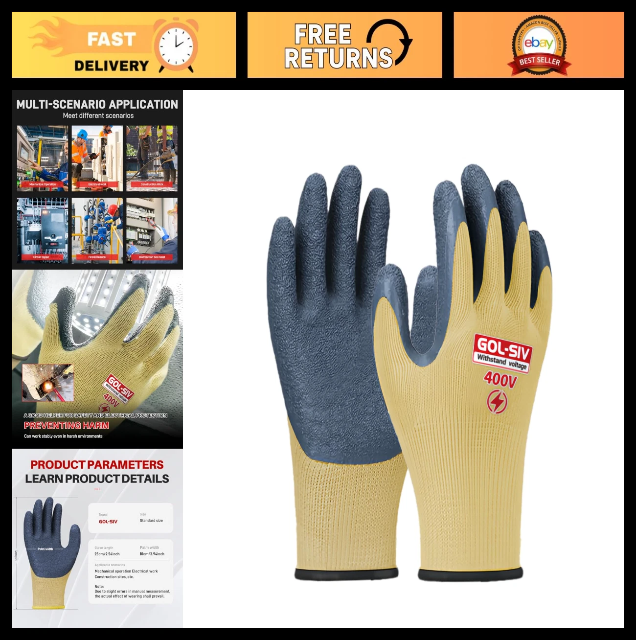 High Voltage Insulated Electrician Gloves 400V, Rubber Safety Work Gloves, Non-S