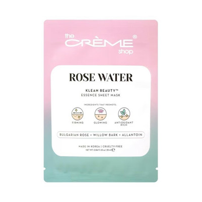 The Crème Shop Rose Water Essence Sheet Mask Klean Beauty Willow Bark Allantoin
