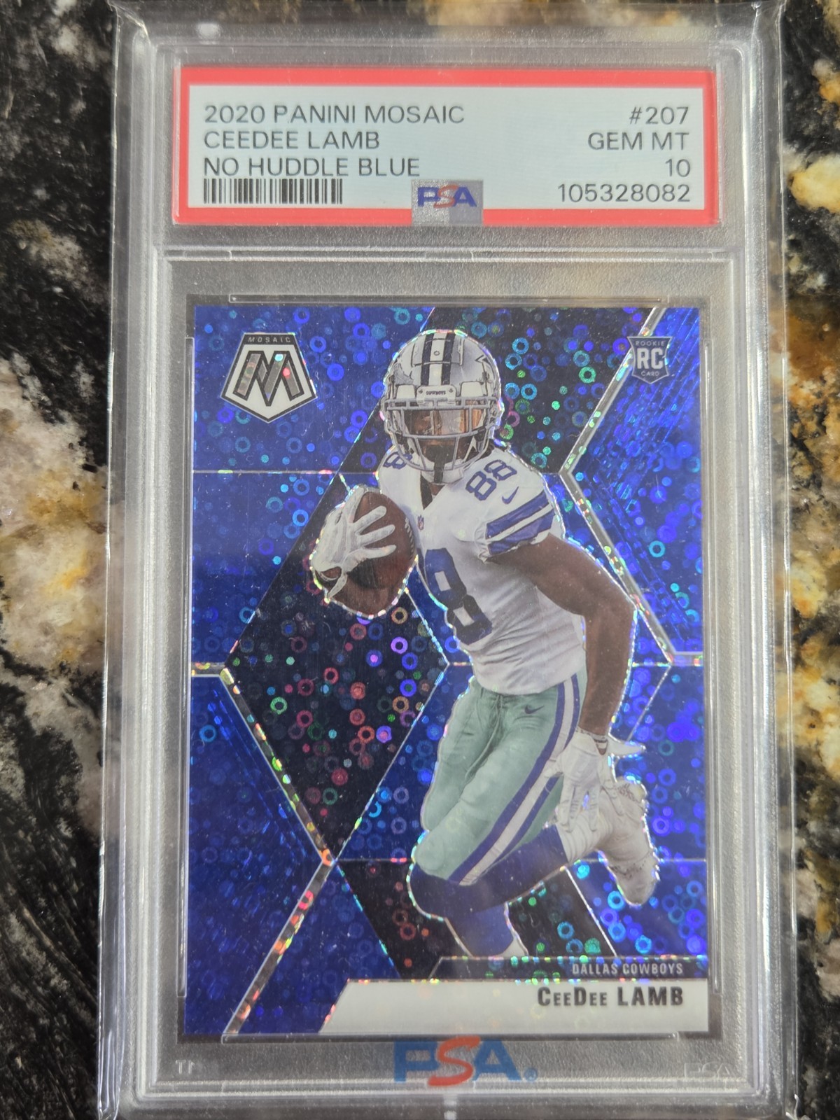 2020 Ceedee Lamb RC #207 Mosaic No Huddle Blue Prizm PSA 10 Gem Mint!! #18/75