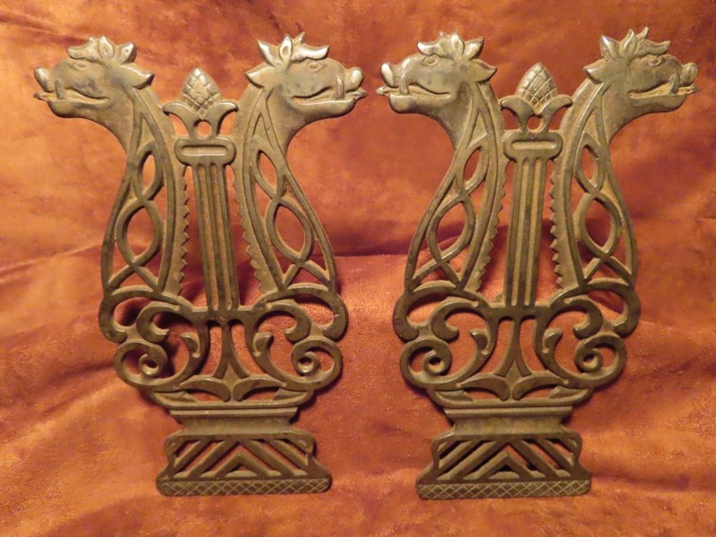 2  Original 1882 Dragon - Griffin - Gothic - Escutcheon Cast Iron Wall Plaques