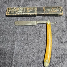 Vintage Shield Brand Straight Razor Yellow Celluloid Handle With Box S&P 100N