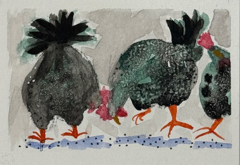 Original  ACEO whimsical Chickens Watercolor Painting OOAK signed miniature art
